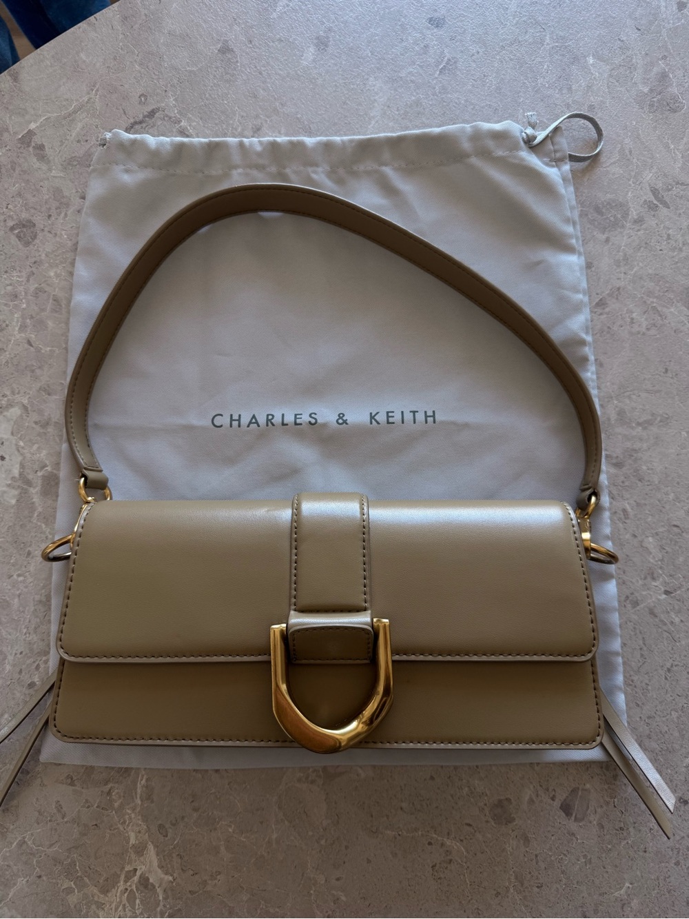 Charles & Keith Beige Shoulder Bag with Gold Buckle